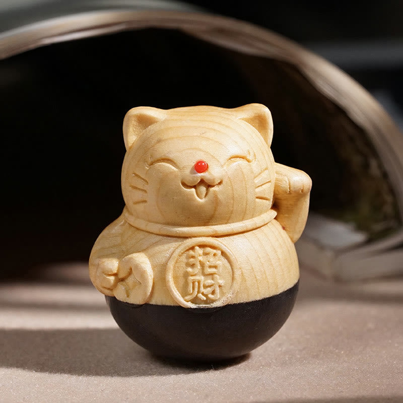 Buddha Stones Chat porte-bonheur miniature en bois d'ébène et de hêtre sculpté, sculpté, attirant la richesse et la protection, 4,7 x 4 cm - image 1