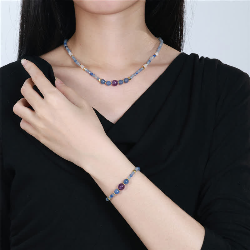 Buddha Stones Collier apaisant en perles d'aventurine bleue naturelle et de jade blanc - image 9