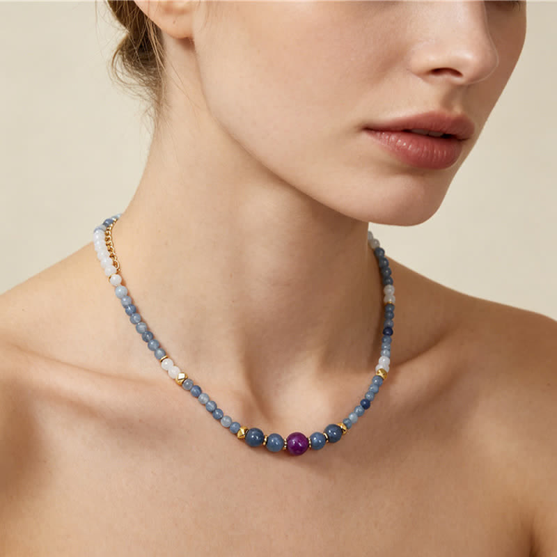 Buddha Stones Collier apaisant en perles d'aventurine bleue naturelle et de jade blanc - image 8