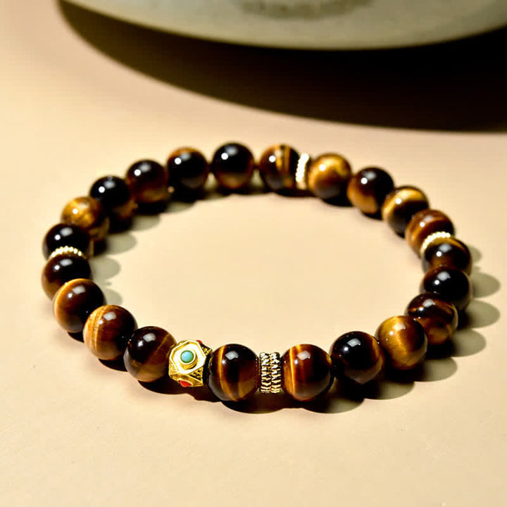 Buddha Stones Bracelet de force en perles d'œil de tigre naturel du Tibet - Œil de tigre (Tour de poignet : 15–16 cm) - image 0
