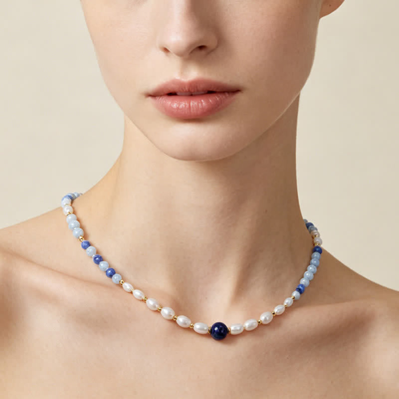 Buddha Stones Collier concentré de perles d'aventurine bleue naturelle, de lapis-lazuli et de perles - image 8