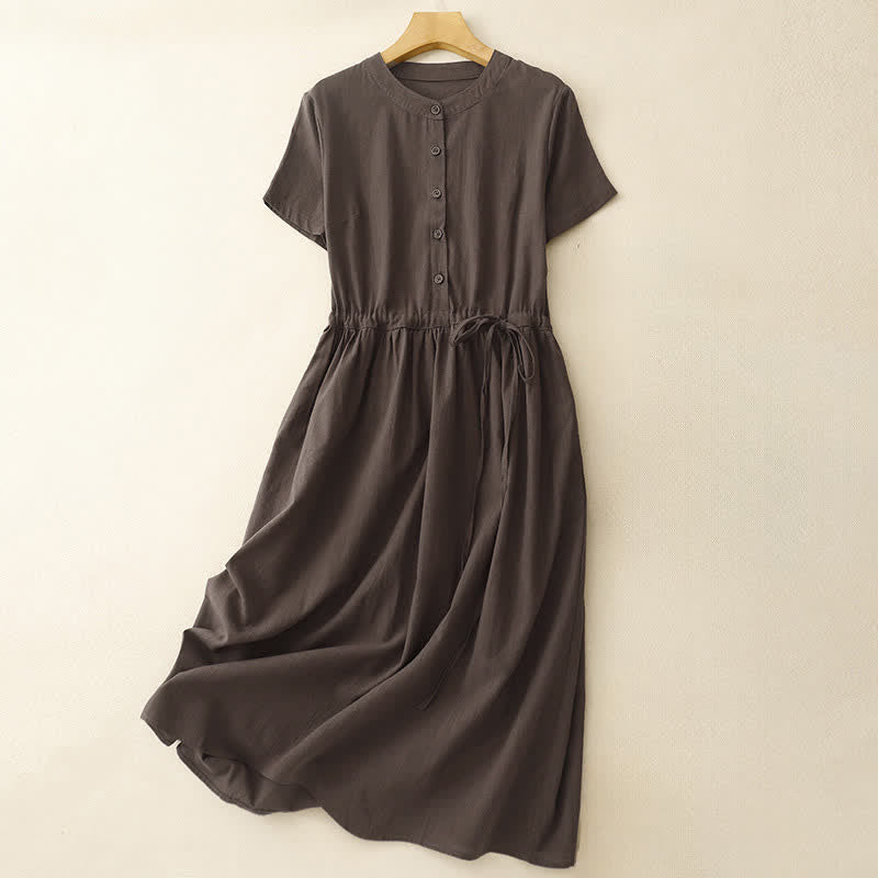 Buddha Stones Robe d'été minimaliste à manches courtes, boutonnée et à cordon de serrage, avec poches, pour femme - SaddleBrown - US12，UK/AU16，EU44 (2XL) - image 0