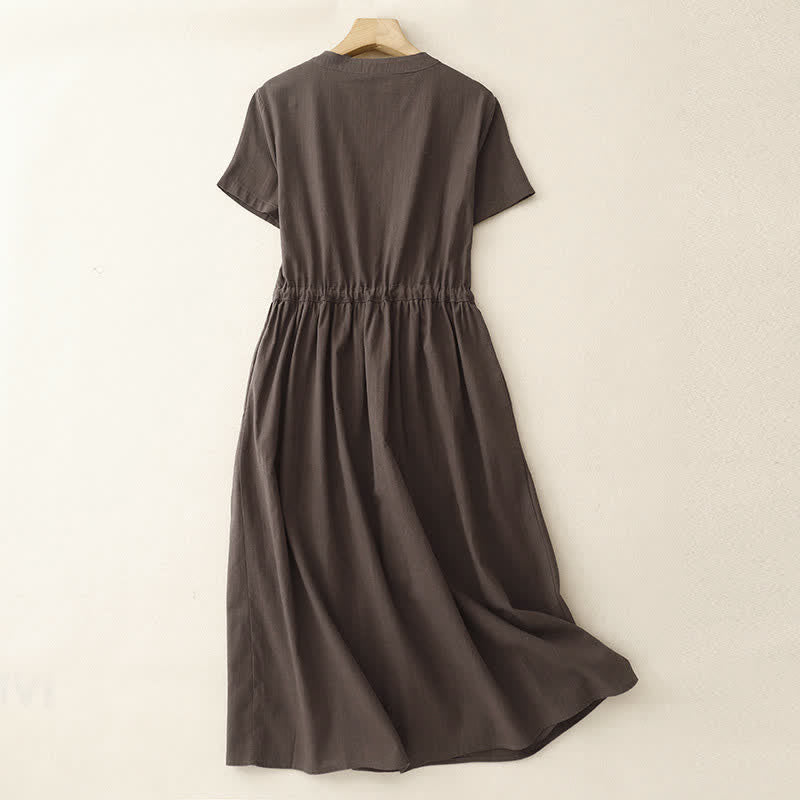 Buddha Stones Robe d'été minimaliste à manches courtes, boutonnée et à cordon de serrage, avec poches, pour femme - image 1