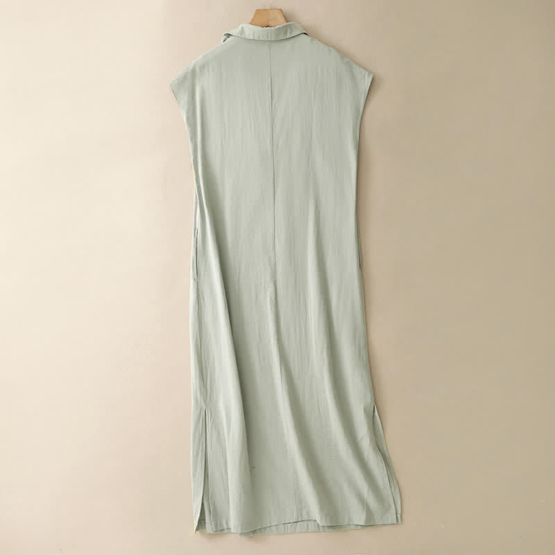 Buddha Stones Robe d'été minimaliste sans manches à fente latérale et poche, couleur unie - image 1