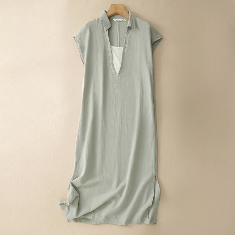 Buddha Stones Robe d'été minimaliste sans manches à fente latérale et poche, couleur unie - Vert foncé - US14，UK/AU18，EU46 (2XL) - image 0