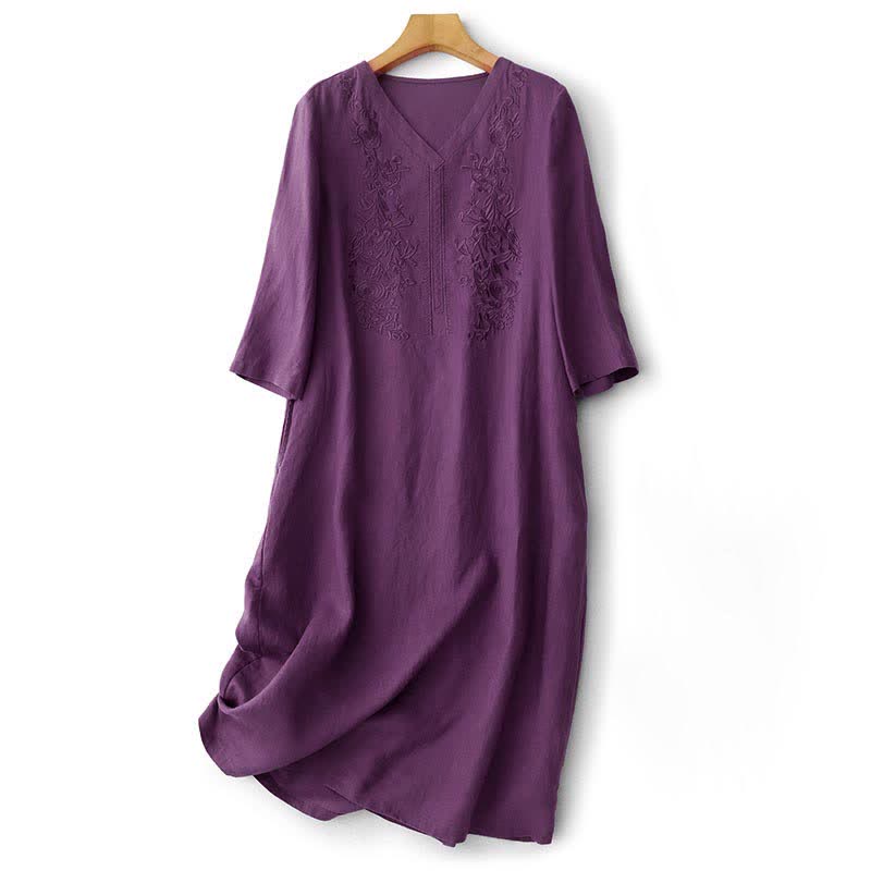 Buddha Stones Robe d'été brodée unie à manches courtes et poches pour femme - RebeccaPurple - US12，UK/AU16，EU44 (2XL) - image 0