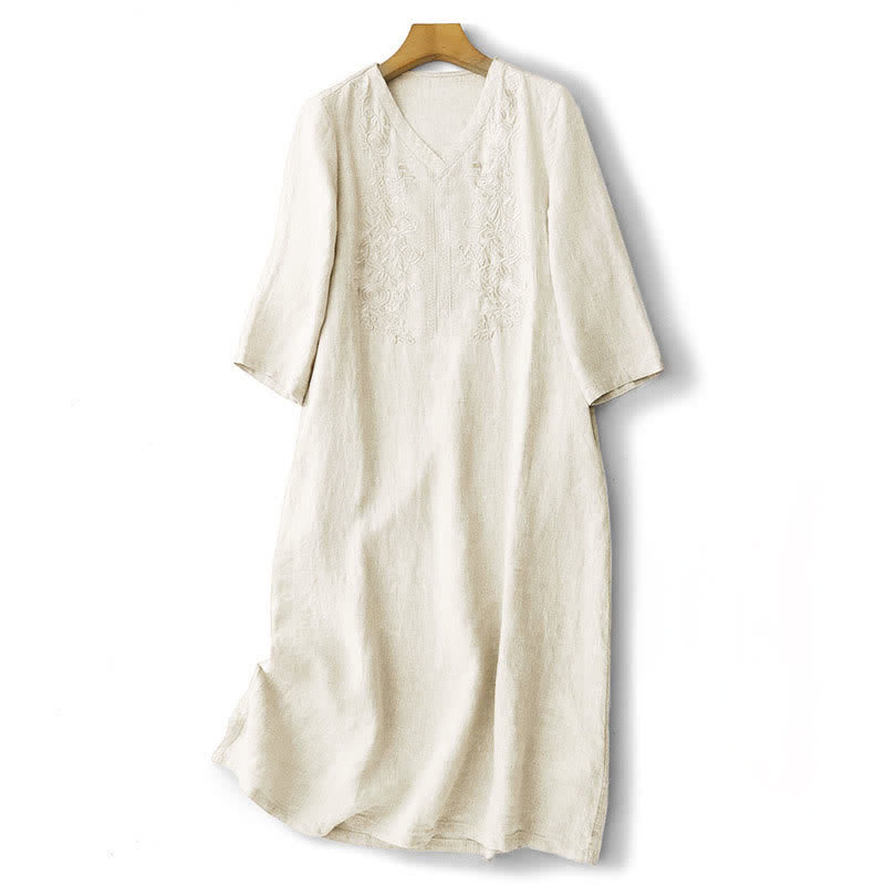 Buddha Stones Robe d'été brodée unie à manches courtes et poches pour femme - Beige - US12，UK/AU16，EU44 (2XL) - image 7