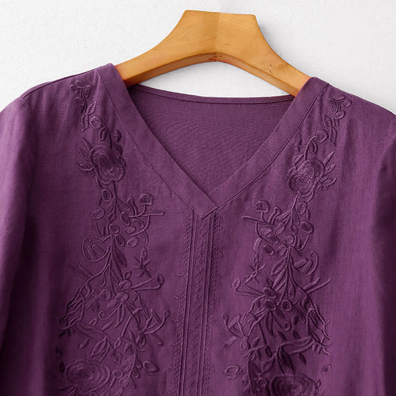 Buddha Stones Robe d'été brodée unie à manches courtes et poches pour femme - image 1