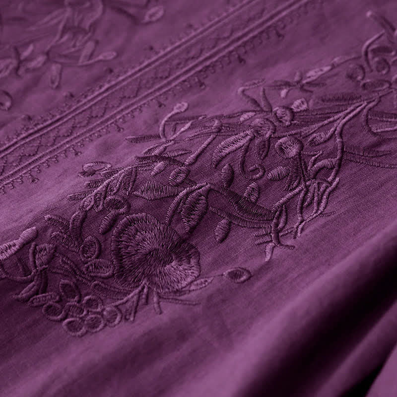 Buddha Stones Robe d'été brodée unie à manches courtes et poches pour femme - image 2