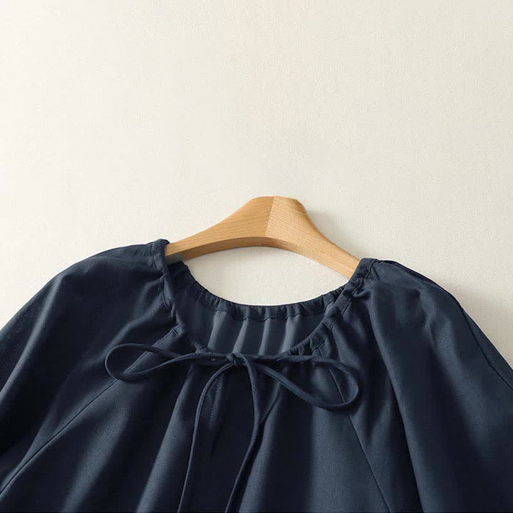 Buddha Stones Robe d'été unie à manches courtes et poches, avec cordon de serrage - image 11