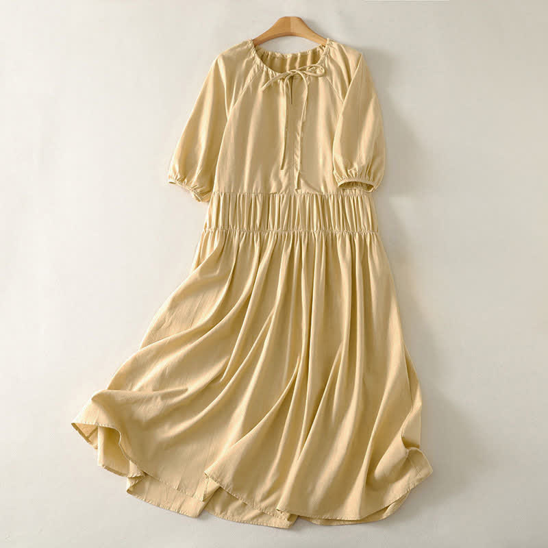 Buddha Stones Robe d'été unie à manches courtes et poches, avec cordon de serrage - Jaune d'or pâle - US12，UK/AU16，EU44 (2XL) - image 0