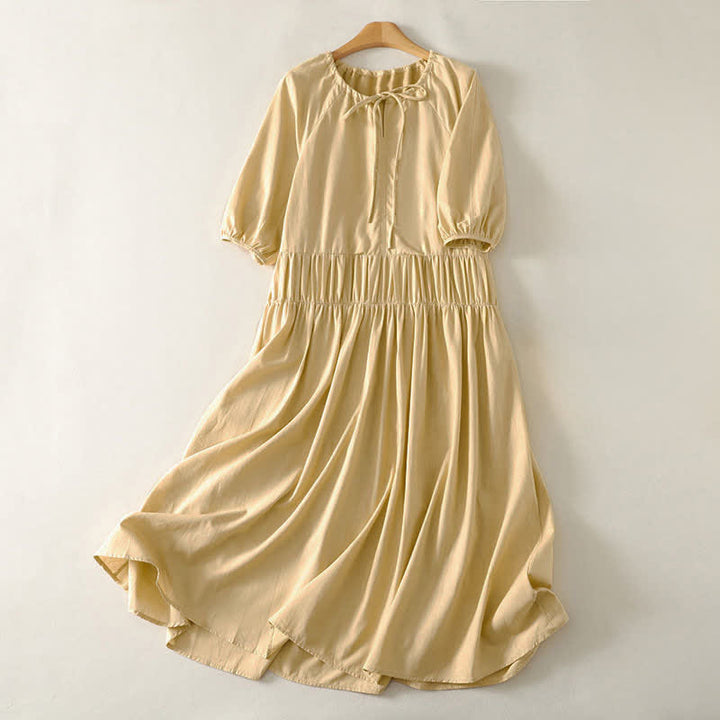 Buddha Stones Robe d'été unie à manches courtes et poches, avec cordon de serrage - Jaune d'or pâle - US12，UK/AU16，EU44 (2XL) - image 0