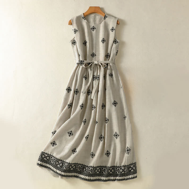 Buddha Stones Robe d'été bohème sans manches à cordon de serrage et imprimé géométrique pour femme, avec poches - Gainsboro - US12，UK/AU16，EU44 (2XL) - image 0