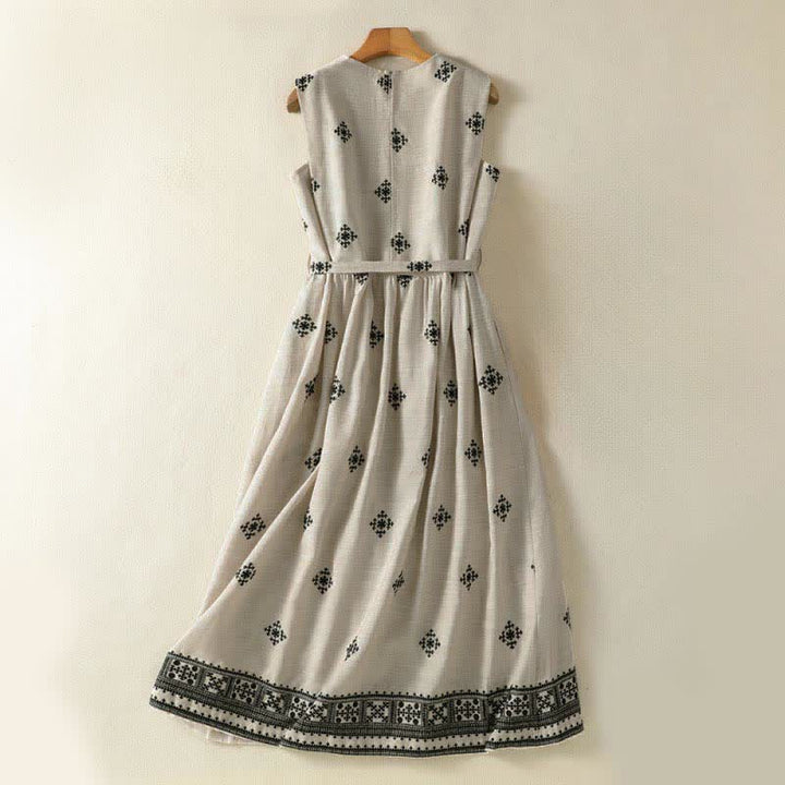 Buddha Stones Robe d'été bohème sans manches à cordon de serrage et imprimé géométrique pour femme, avec poches - image 1