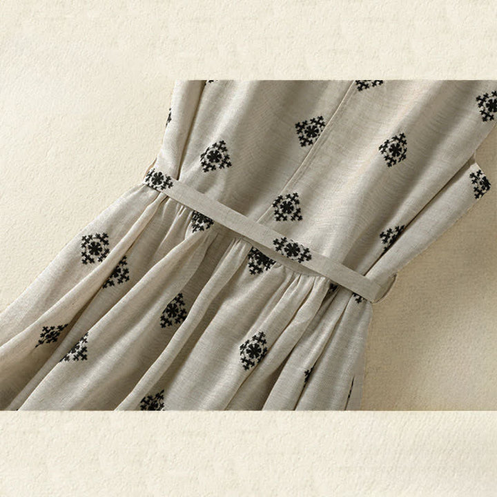 Buddha Stones Robe d'été bohème sans manches à cordon de serrage et imprimé géométrique pour femme, avec poches - image 9