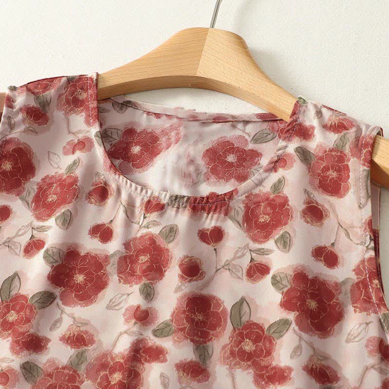 Buddha Stones Robe d'été sans manches en mousseline à imprimé floral pour femme, avec poches - image 1