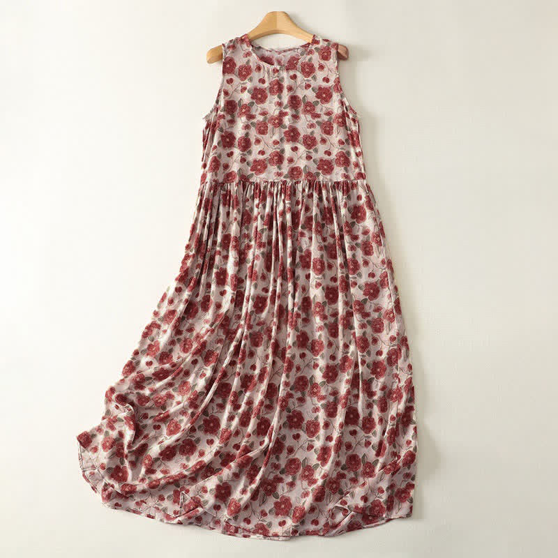 Buddha Stones Robe d'été sans manches en mousseline à imprimé floral pour femme, avec poches - Blanc antique - US12，UK/AU16，EU44 (2XL) - image 0