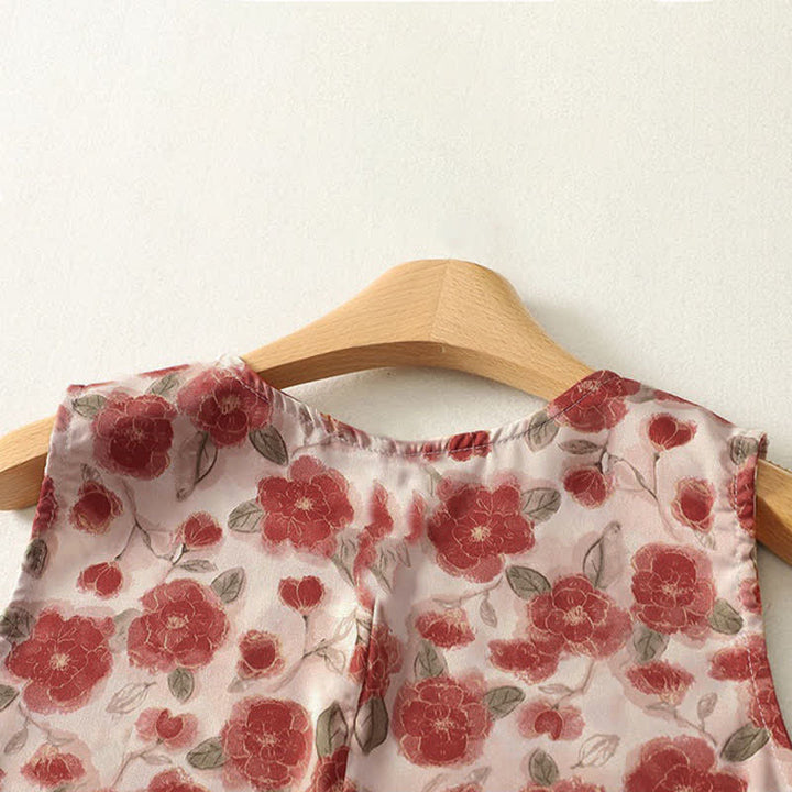 Buddha Stones Robe d'été sans manches en mousseline à imprimé floral pour femme, avec poches - image 3