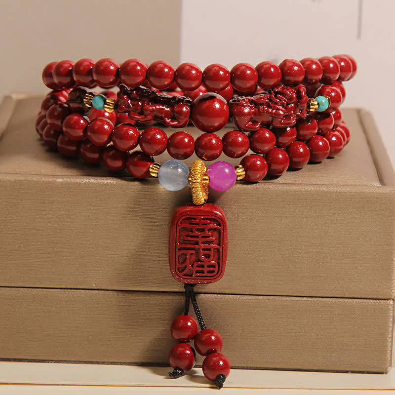 Buddha Stones Mala tibétain Pixiu de 108 perles en cinabre, porte-bonheur - Cinabre (Tour de poignet : 16-18 cm) - image 0