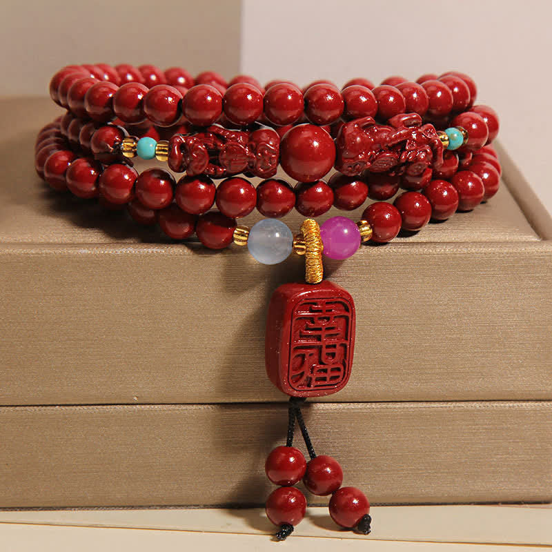 Buddha Stones Mala tibétain Pixiu de 108 perles en cinabre, porte-bonheur - image 1