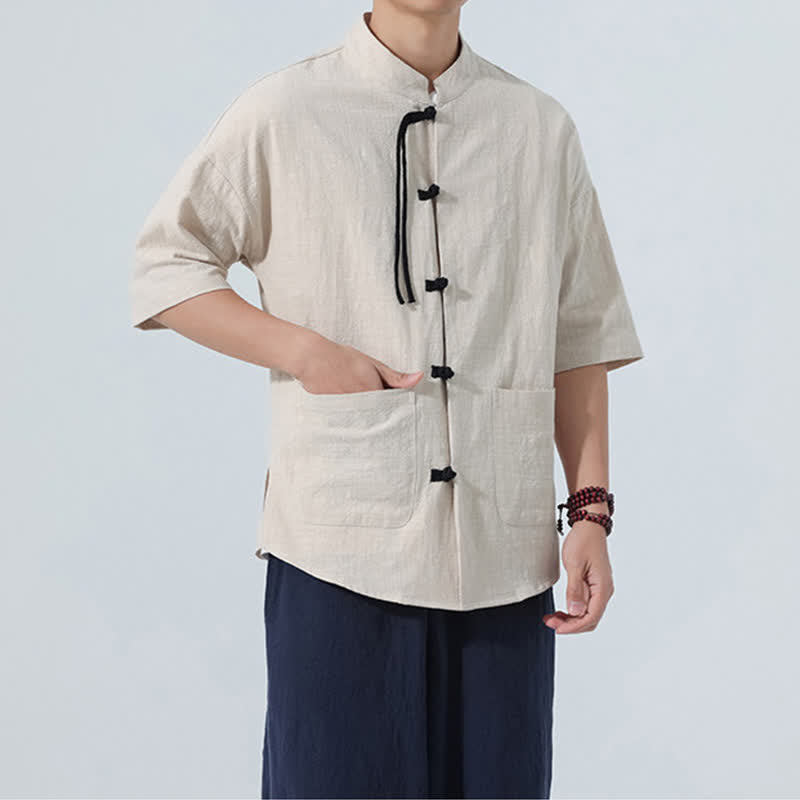 Buddha Stones Chemise d'été décontractée pour homme, col mandarin, boutons brandebourg, manches courtes, couleur unie, avec poches - image 4