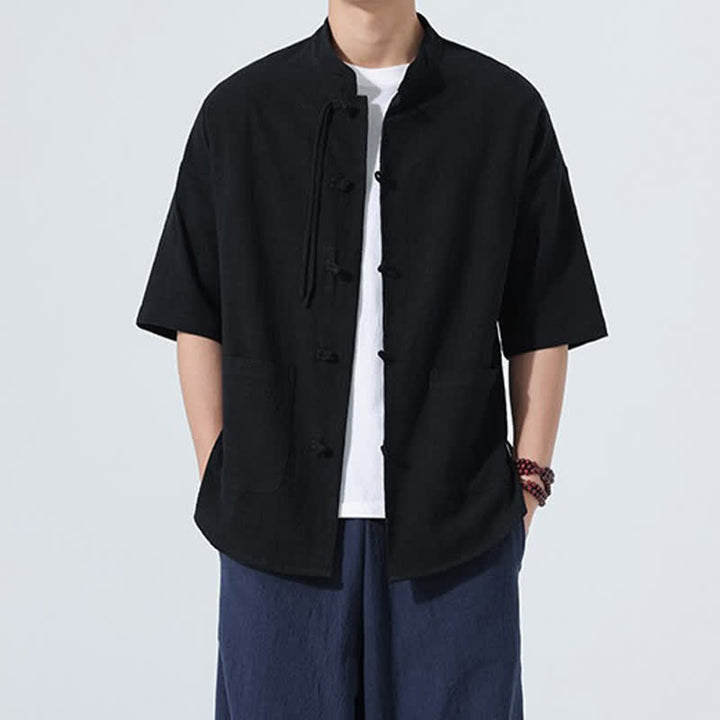 Buddha Stones Chemise d'été décontractée pour homme, col mandarin, boutons brandebourg, manches courtes, couleur unie, avec poches - image 13