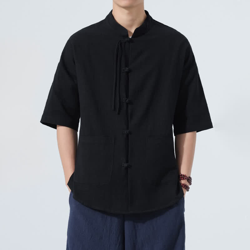 Buddha Stones Chemise d'été décontractée pour homme, col mandarin, boutons brandebourg, manches courtes, couleur unie, avec poches - Noir - US/UK/AU48，EU58(5XL) - image 11