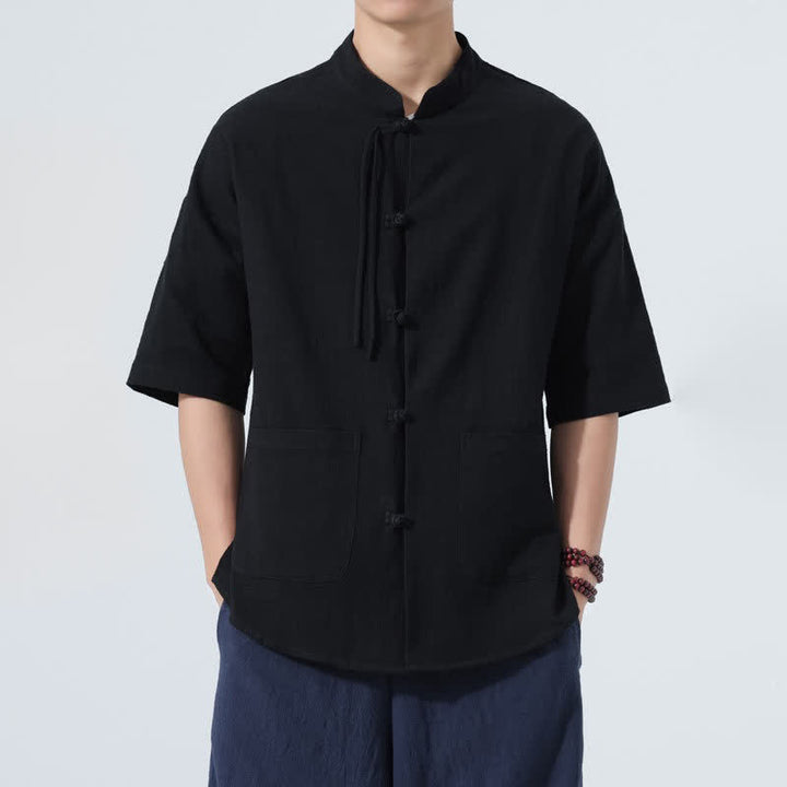 Buddha Stones Chemise d'été décontractée pour homme, col mandarin, boutons brandebourg, manches courtes, couleur unie, avec poches - Noir - US/UK/AU48，EU58(5XL) - image 11