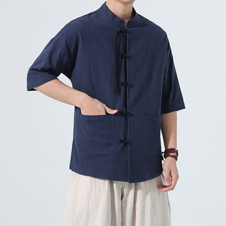 Buddha Stones Chemise d'été décontractée pour homme, col mandarin, boutons brandebourg, manches courtes, couleur unie, avec poches - image 20