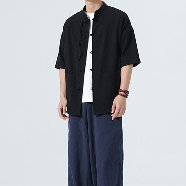 Buddha Stones Chemise d'été décontractée pour homme, col mandarin, boutons brandebourg, manches courtes, couleur unie, avec poches - image 14