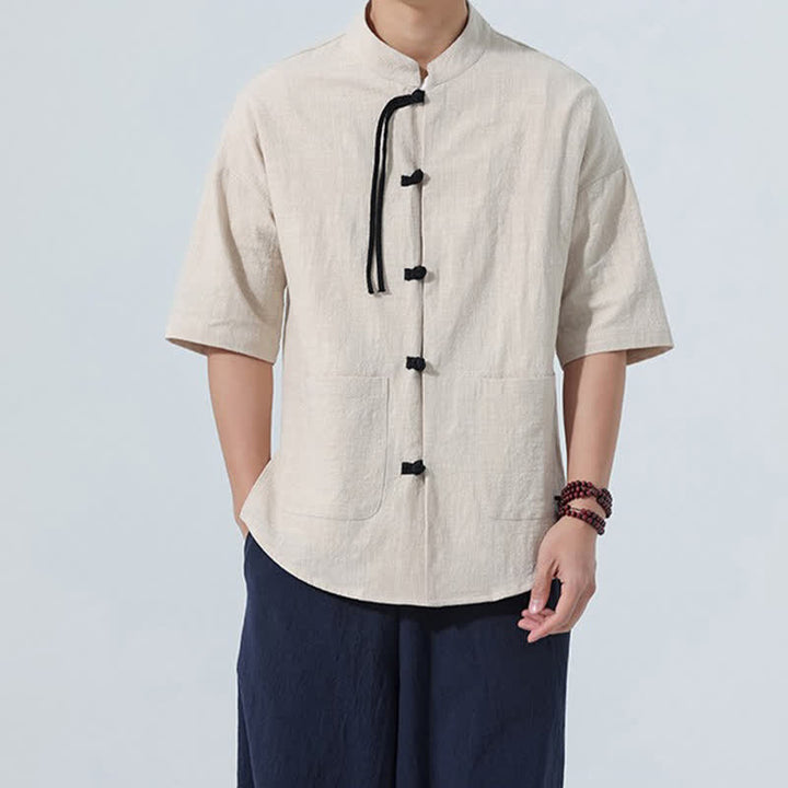 Buddha Stones Chemise d'été décontractée pour homme, col mandarin, boutons brandebourg, manches courtes, couleur unie, avec poches - image 7