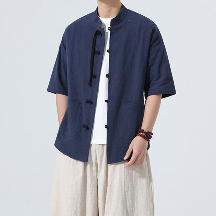 Buddha Stones Chemise d'été décontractée pour homme, col mandarin, boutons brandebourg, manches courtes, couleur unie, avec poches - image 23