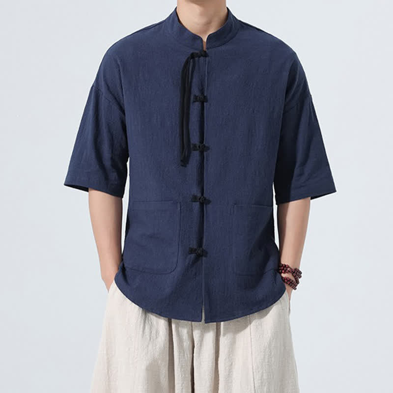 Buddha Stones Chemise d'été décontractée pour homme, col mandarin, boutons brandebourg, manches courtes, couleur unie, avec poches - Bleu nuit - US/UK/AU48，EU58(5XL) - image 16