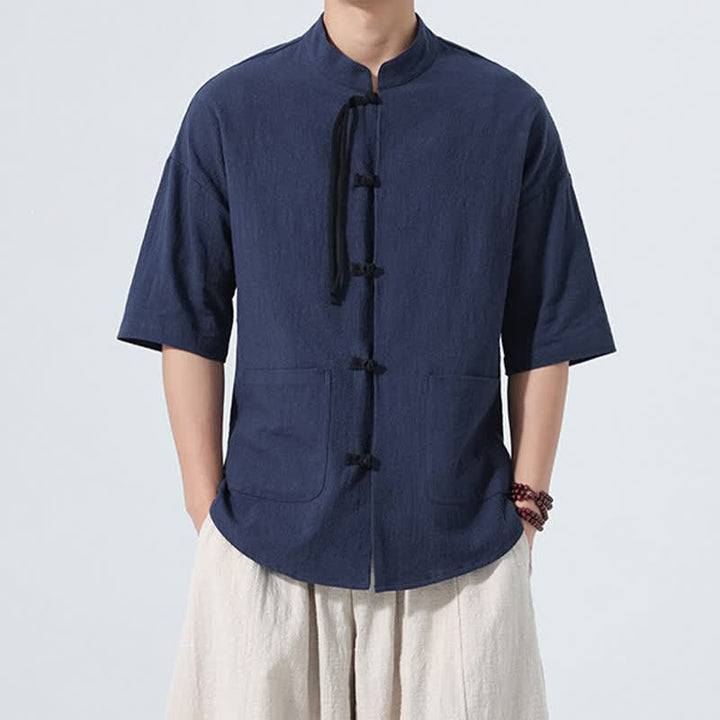 Buddha Stones Chemise d'été décontractée pour homme, col mandarin, boutons brandebourg, manches courtes, couleur unie, avec poches - Bleu nuit - US/UK/AU48，EU58(5XL) - image 16