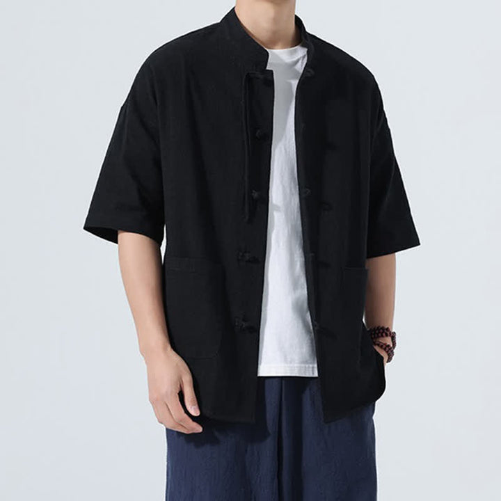 Buddha Stones Chemise d'été décontractée pour homme, col mandarin, boutons brandebourg, manches courtes, couleur unie, avec poches - image 12