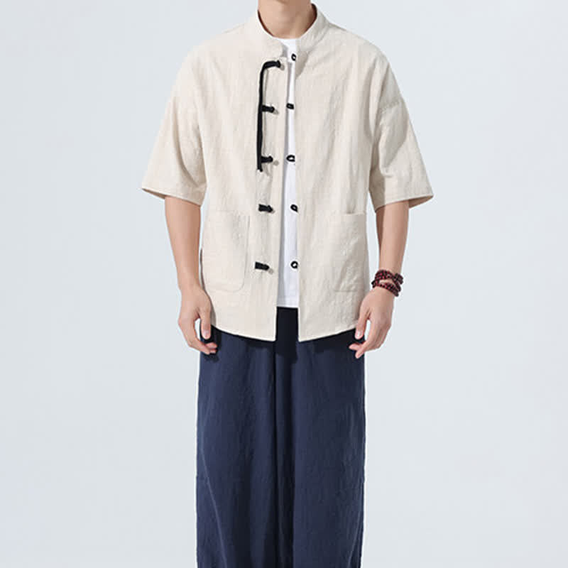 Buddha Stones Chemise d'été décontractée pour homme, col mandarin, boutons brandebourg, manches courtes, couleur unie, avec poches - image 6