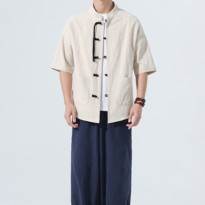 Buddha Stones Chemise d'été décontractée pour homme, col mandarin, boutons brandebourg, manches courtes, couleur unie, avec poches - image 6
