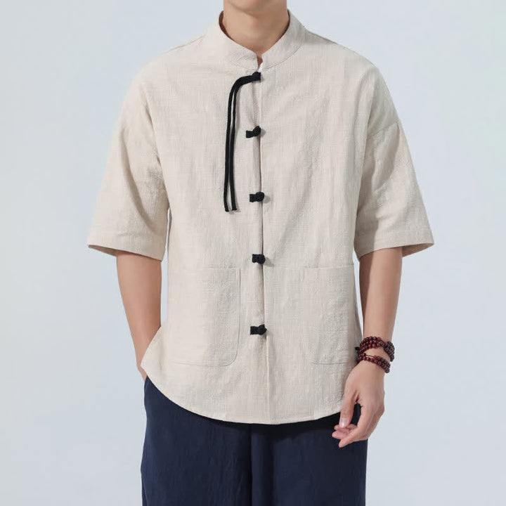Buddha Stones Chemise d'été décontractée pour homme, col mandarin, boutons brandebourg, manches courtes, couleur unie, avec poches - Lin - US/UK/AU48，EU58(5XL) - image 0