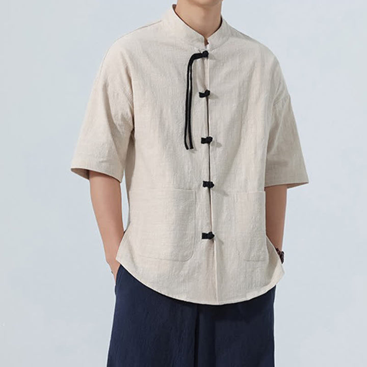Buddha Stones Chemise d'été décontractée pour homme, col mandarin, boutons brandebourg, manches courtes, couleur unie, avec poches - image 3