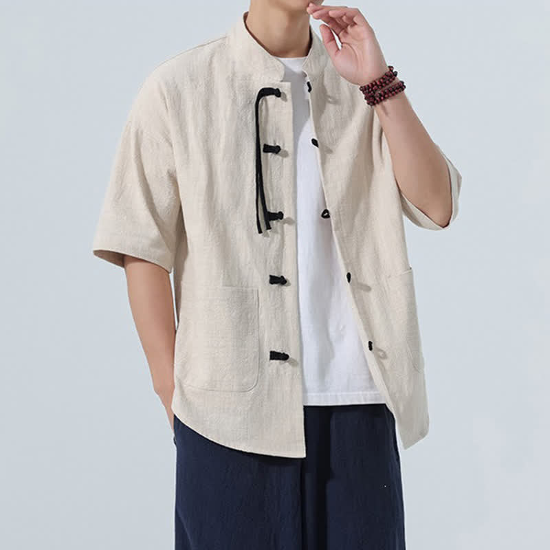 Buddha Stones Chemise d'été décontractée pour homme, col mandarin, boutons brandebourg, manches courtes, couleur unie, avec poches - image 5