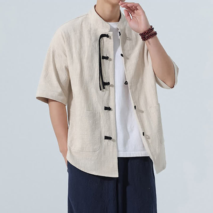 Buddha Stones Chemise d'été décontractée pour homme, col mandarin, boutons brandebourg, manches courtes, couleur unie, avec poches - image 5