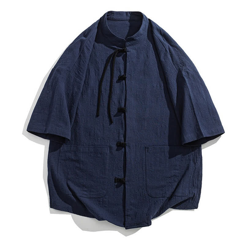 Buddha Stones Chemise d'été décontractée pour homme, col mandarin, boutons brandebourg, manches courtes, couleur unie, avec poches - image 24