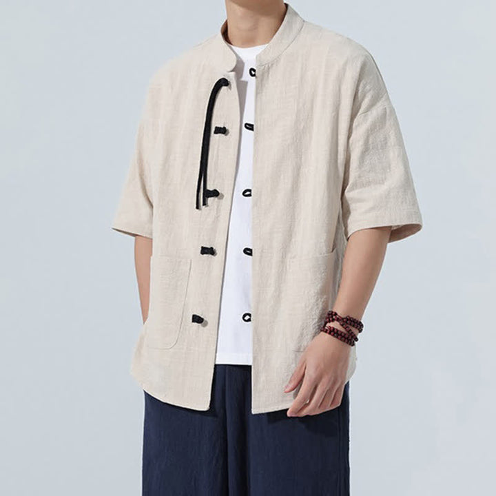 Buddha Stones Chemise d'été décontractée pour homme, col mandarin, boutons brandebourg, manches courtes, couleur unie, avec poches - image 2
