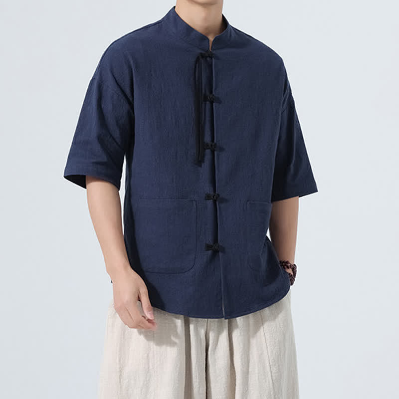 Buddha Stones Chemise d'été décontractée pour homme, col mandarin, boutons brandebourg, manches courtes, couleur unie, avec poches - image 19