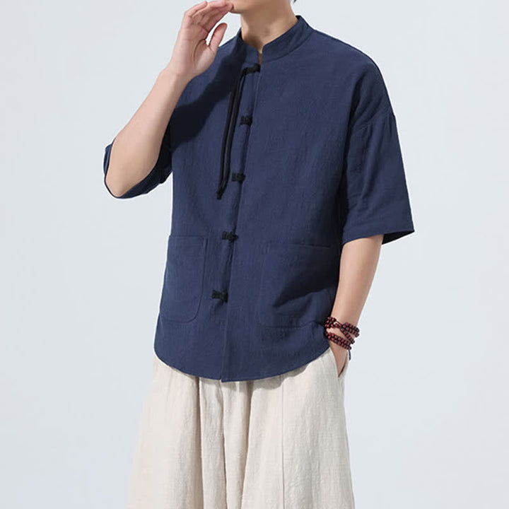 Buddha Stones Chemise d'été décontractée pour homme, col mandarin, boutons brandebourg, manches courtes, couleur unie, avec poches - image 21