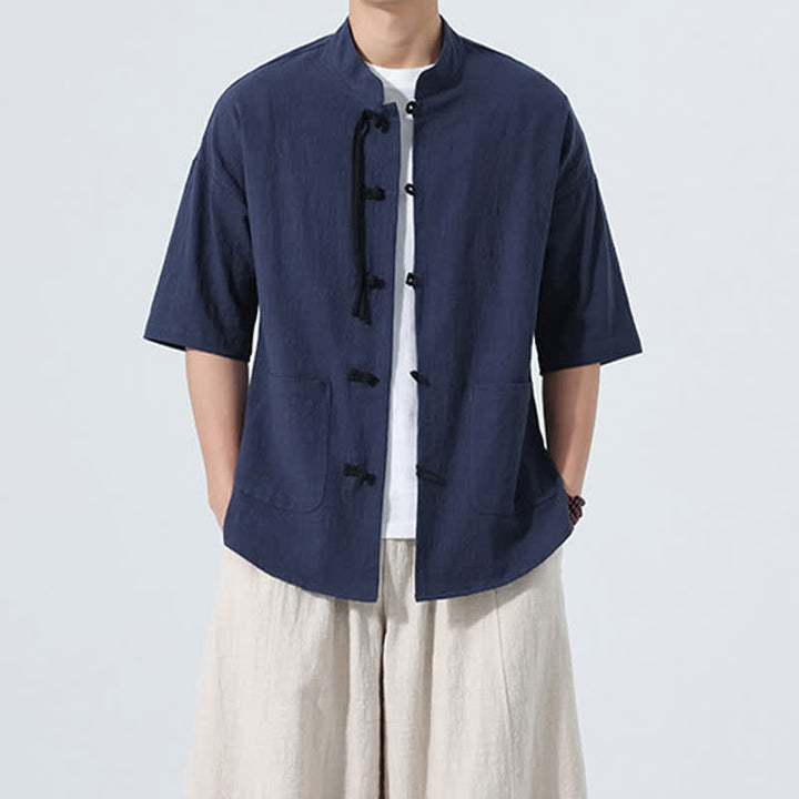 Buddha Stones Chemise d'été décontractée pour homme, col mandarin, boutons brandebourg, manches courtes, couleur unie, avec poches - image 17