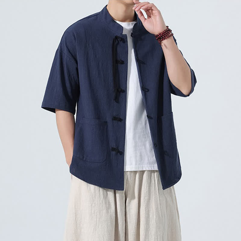 Buddha Stones Chemise d'été décontractée pour homme, col mandarin, boutons brandebourg, manches courtes, couleur unie, avec poches - image 22