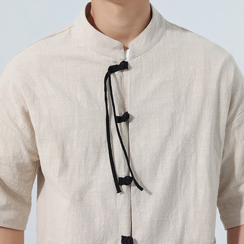 Buddha Stones Chemise d'été décontractée pour homme, col mandarin, boutons brandebourg, manches courtes, couleur unie, avec poches - image 8