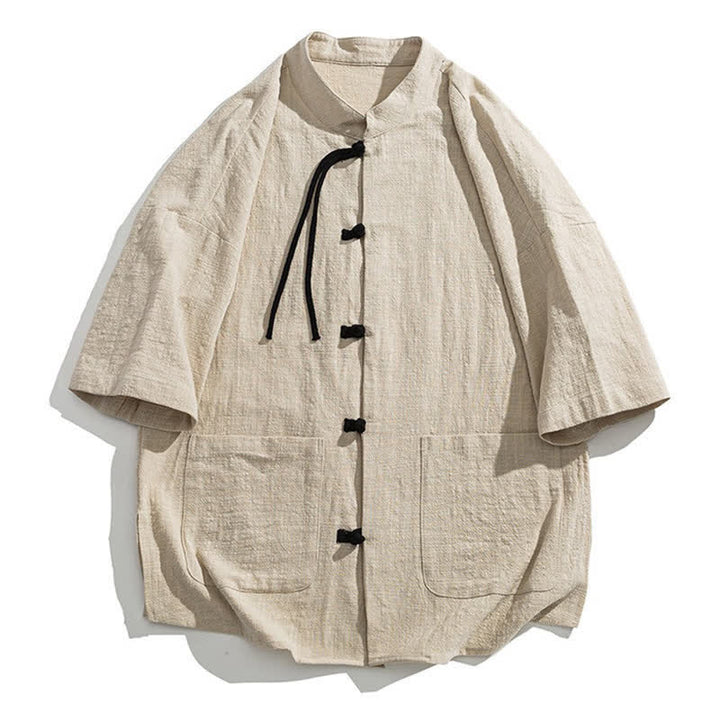 Buddha Stones Chemise d'été décontractée pour homme, col mandarin, boutons brandebourg, manches courtes, couleur unie, avec poches - image 10