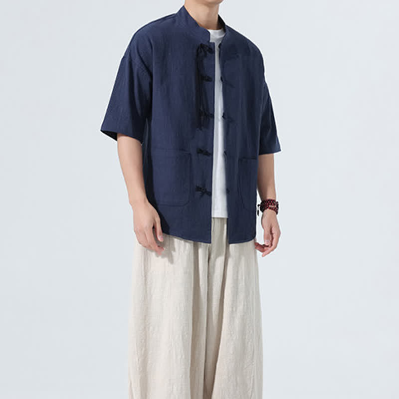 Buddha Stones Chemise d'été décontractée pour homme, col mandarin, boutons brandebourg, manches courtes, couleur unie, avec poches - image 18